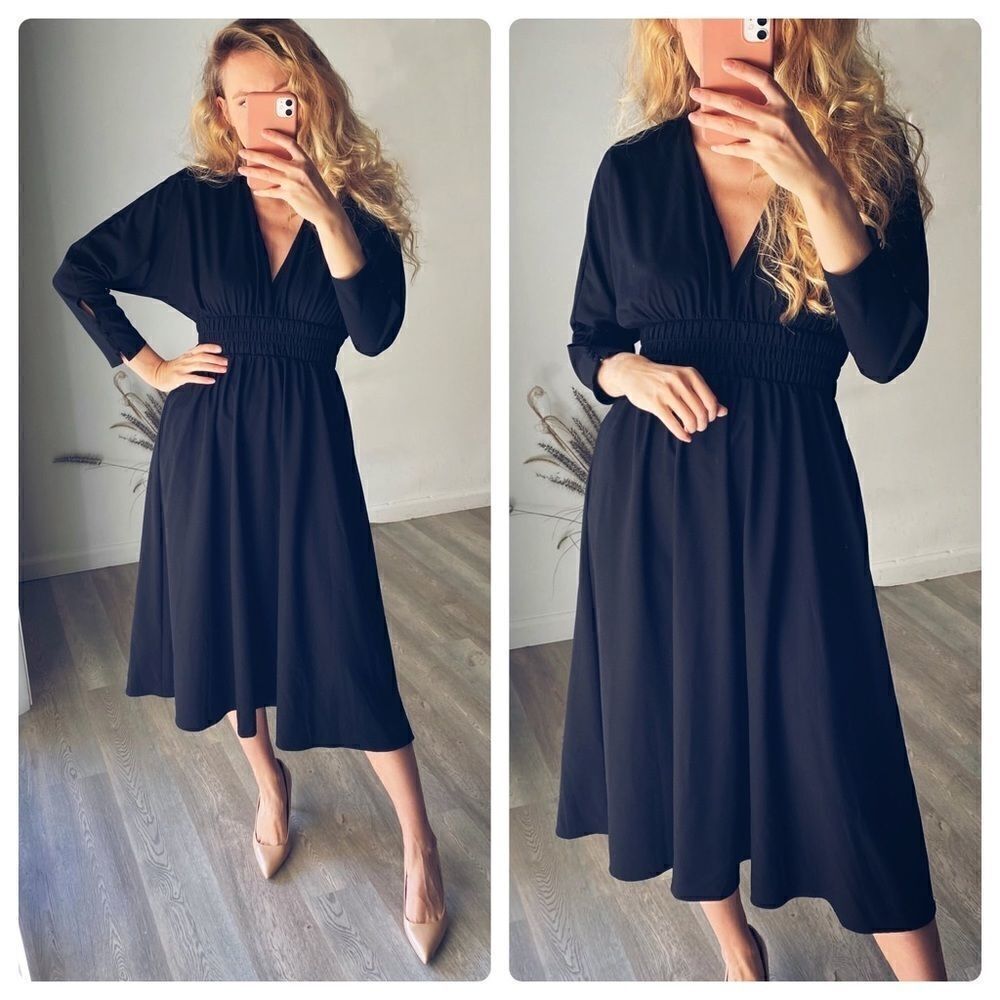 ZARA Midi Dress Elasticated Waist V-Neck